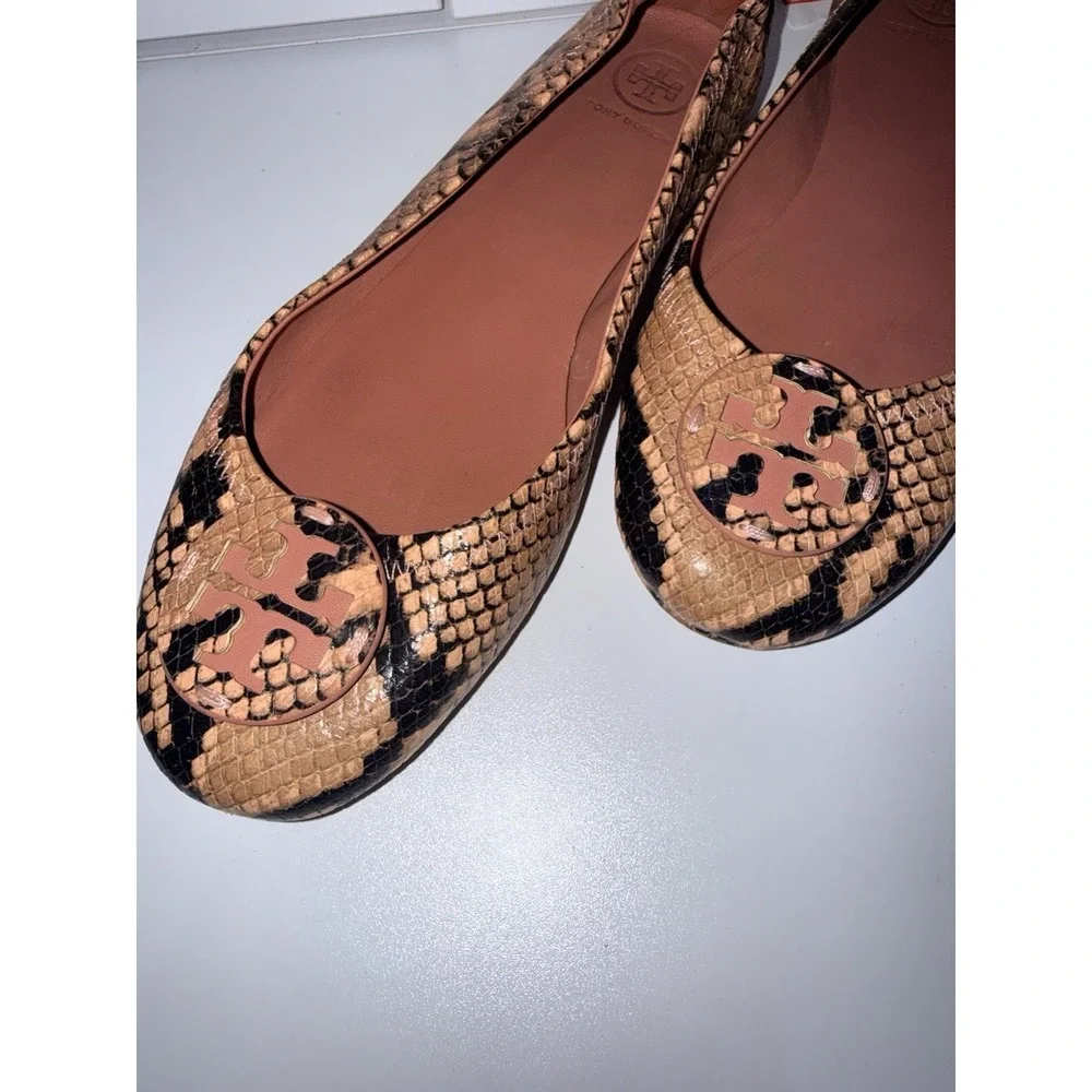 Tory Burch Stamp Snake Printed Leather Mini Travel Ballet Flats‎ Sz 9  1